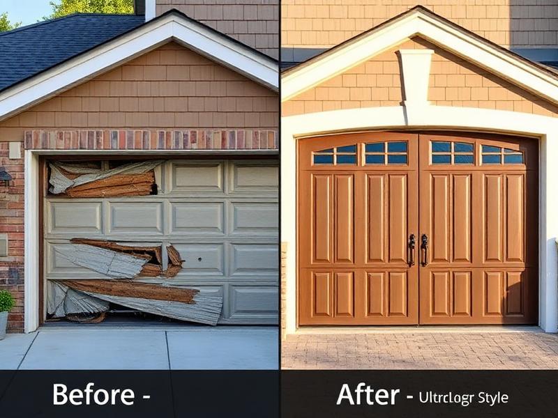 Before and after garage door installation showing dramatic improvement